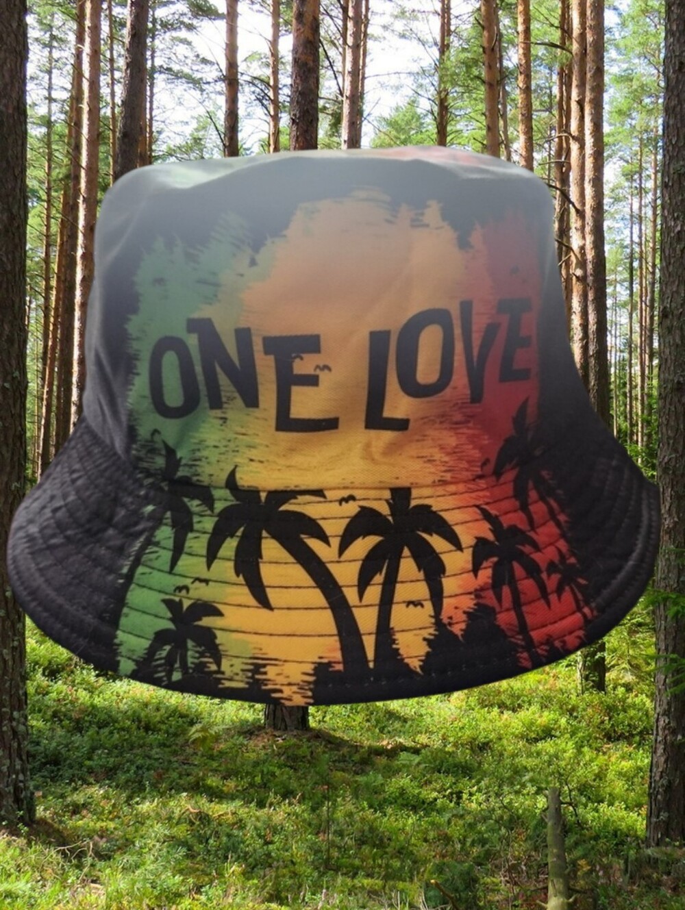 One Love Rasta Palm Tree Bucket Hat - Black with Red, Yellow, Green